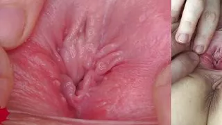 The mistress's cunt is stretched. Extreme close-up of her wide open pussy.