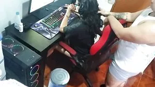 She wanted to play on her PC, but I ended up playing with her and her pussy