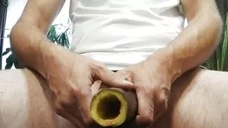 Jerking with eggplant, cum in the eggplant