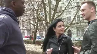 Dark Haired Babe in Red Lace Enjoys a Big Black Monster Cock as Her Man Licks Her Pussy