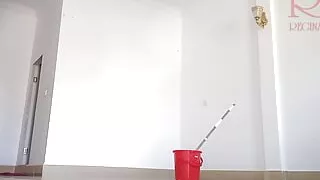 Naked maid cleans office space. Maid without panties. Hall c3