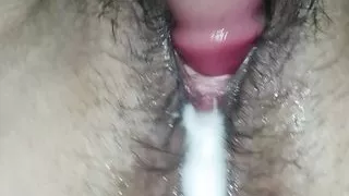 watch me fuck myself with my thick dildo and cream my hairy pussy