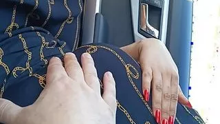 Real public red nails hand job in the car with cum