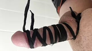 slave and submissive hides in the bathroom to masturbate and lick his cum to obey his master