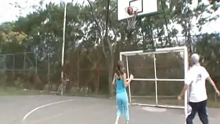Busty cute petite teen plays on the court