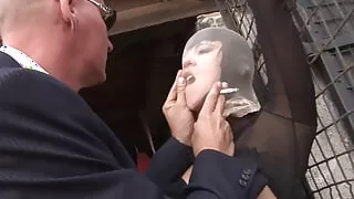 Pantyhose slave sucking cock