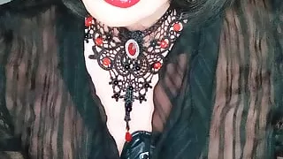 transsexual  girl in stockings and lingerie plays solo