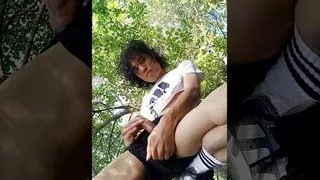 Adidas twink boy walking freeballing, wanking, cumming, pissing in public park
