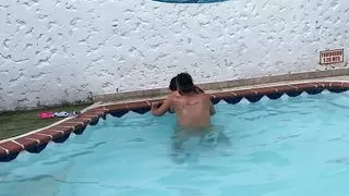 The Neighbor Leaves Her Husband At Home To Fuck The First See In The Pool