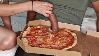 Eating pizza and dick. blow job. She finds a dick inside a pizza box