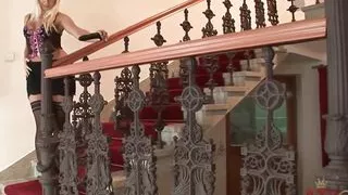 Cindy Dollar Poses in Her Expensive Lingerie Before She Sits Down on the Stairway and Toys Her Pussy Into a Nice Orgasm