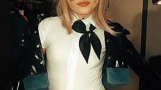 Cosplay girl dressed as a tiger pilot girl shaking ass, being playful, joking around and some spanking with paddle at the end