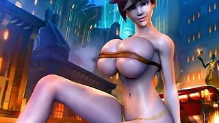 Tracer's Huge Tits Nearly Break the Band Wrapped Around Them As She Flexes