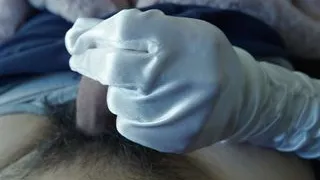 Horny Lady Gives Handjob in Long Satin Gloves