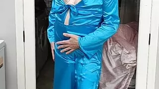 Hot crossdresser in full satin jumpsuit