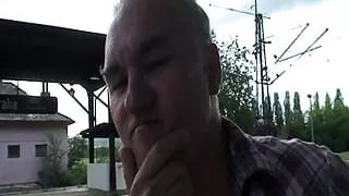 Sexy blonde babe gets her massive tits covered by an old cock outdoors