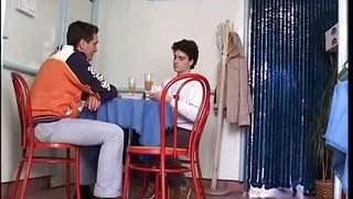 Mature blonde chick gets good fuck from two studs in bed