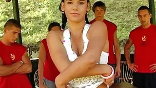 A girl gangbangs the entire basketball team