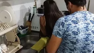Hindo Latina Stepsister Fucks with her Cousin in the Kitchen Cum in Mouth and Eats Cum