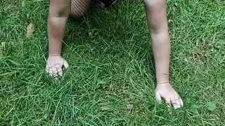 Male bitch in fishnets learns to fetch PL