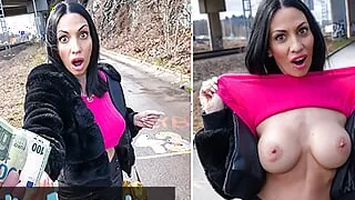 Public Agent Horny Italian MILF orgasms in public and gives great outdoor blowjob