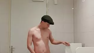 Skinny boy masturbating fully naked public bathroom