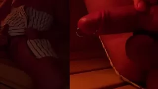 Public Exhibitionist in sauna with cock ring and urethral stimulation, public dick flash