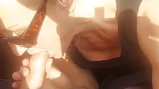 Selena's car blowjob swallow and footjob after