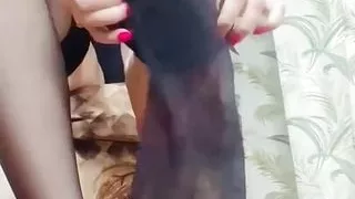 Petite Brunette Trying On New Stockings