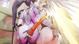 Widowmaker and Mercy Finger Each Other While Blowing the Same Big Cock