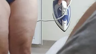 Step mom in Victoria Secret Panties in step son room ironing his T-shirt