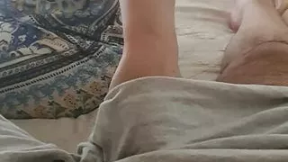 Step mom pulled hand under step son pants in time before husband come in the room