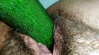 Meaty slimy pussy and a zucchini