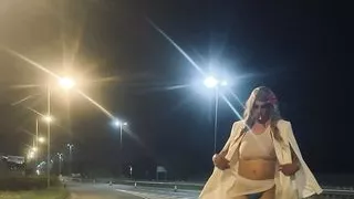 Busty Sissy blonde flashing on road