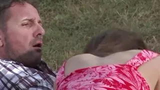 Brunette with Big Tits Rewards the Farmhands Hard Work with a Blowjob and Quick Fuck