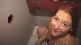 chubby blowjob  bitch sucks dick while fight breaks out in glory hole background sperm swallower!