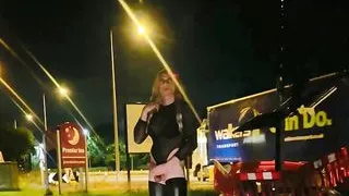 Blonde Sissy masturbating close to the road