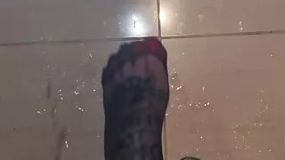 Rainbow sissy nylon feet pissed on