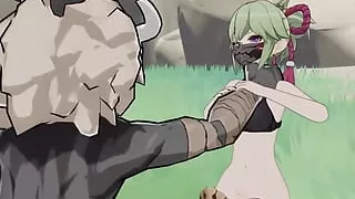 Kuki from Genshin Impact Chokes on a Hilichurl's Big Cock