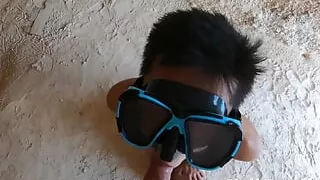 Horny Couple Having Risky Blowjob by the Sea