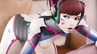 Dva's Tits Jiggle While She's Fucked Bent Over a Bed by a White Cock