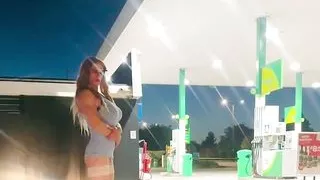 Slim sexy CD sissy flashing at petrolStation