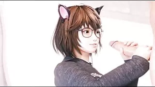 Tsukushi With Cat Ears Jerks Off a Big White Cock With Two Hands