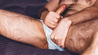 Sexy bear in a panty masturbates and cums right on himself.