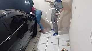 Naughty mechanic got a hard-on next to the boss