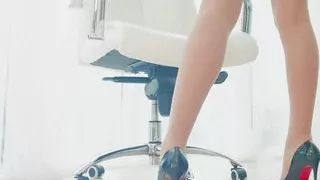 showing my long legs and shaved pussy in beige pantyhose