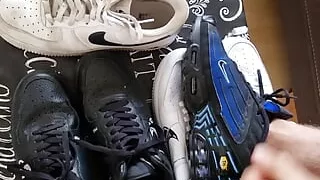 Sexy boy jerks off his whole sneaker collection