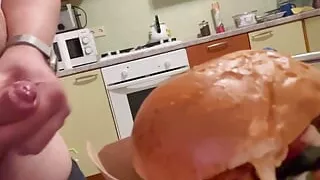 Making my signature burger sauce. I like to eat my sperm and also in a delicious burger. Cum on food. sperm in food