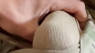 Horny soldier shoots creamy load through his military briefs and on his unit patch