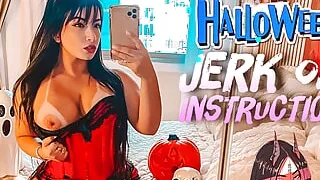 Sexy little devil COSPLAY JOI Jerk Off Instructions wearing a strap on CUM ON HER FEET